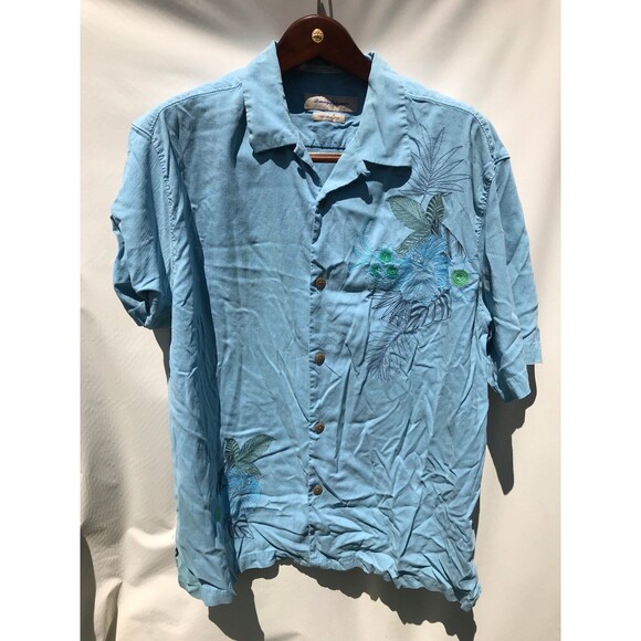 Tommy Bahama 100% Silk Hawaiian  Button Up Shirt Men's large Tropical blue - Picture 1 of 6